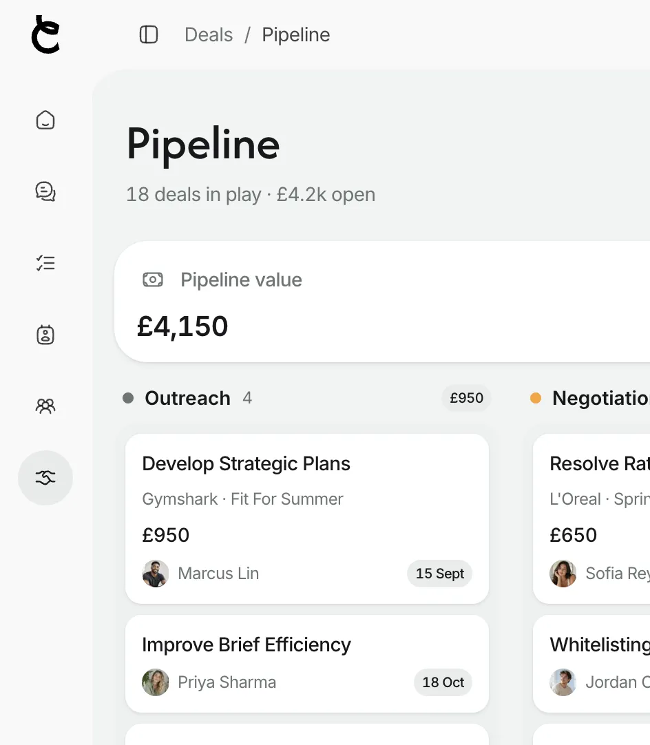 The deals pipeline board with staged deal cards and totals