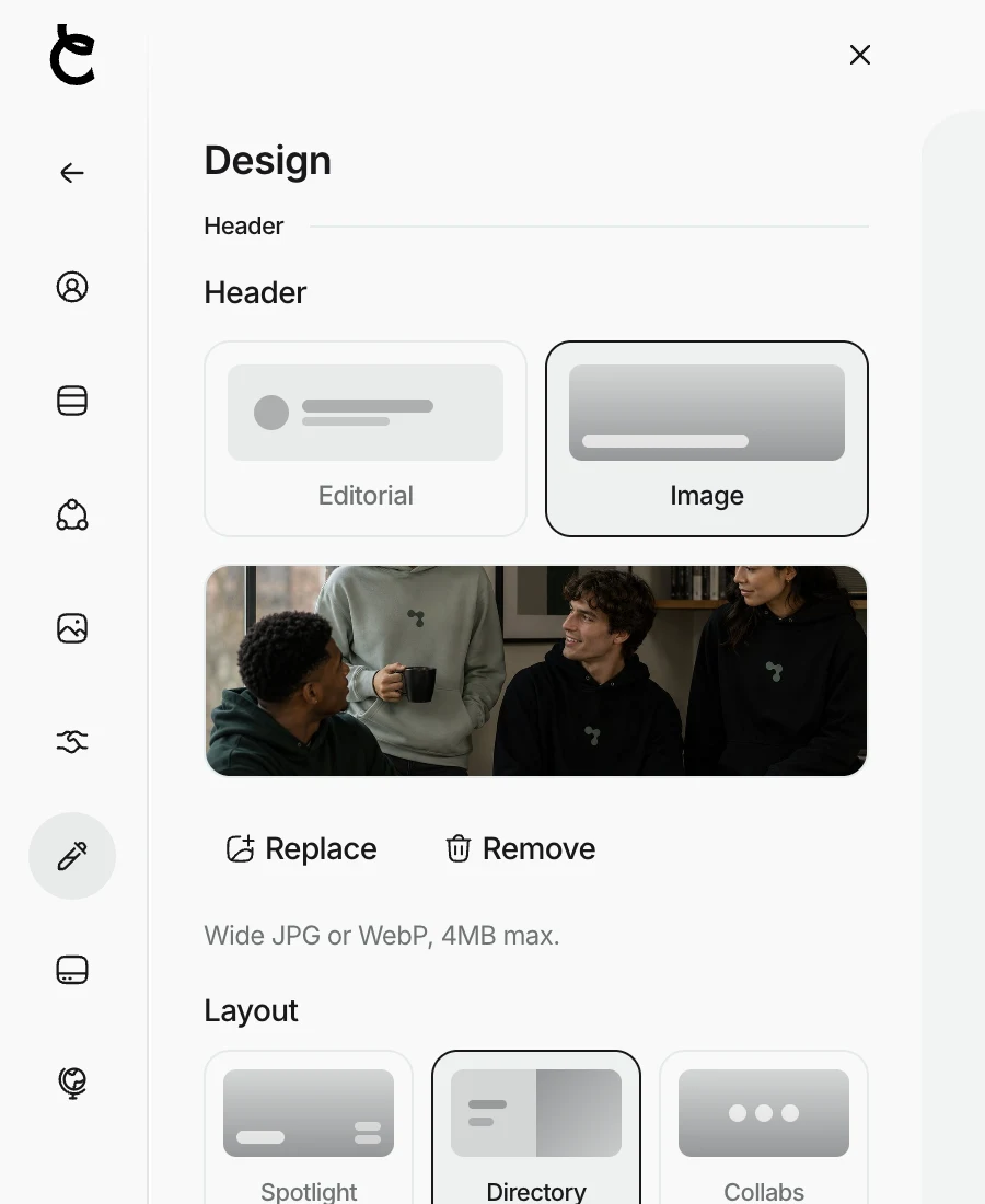 The media kit design editor with header and layout options